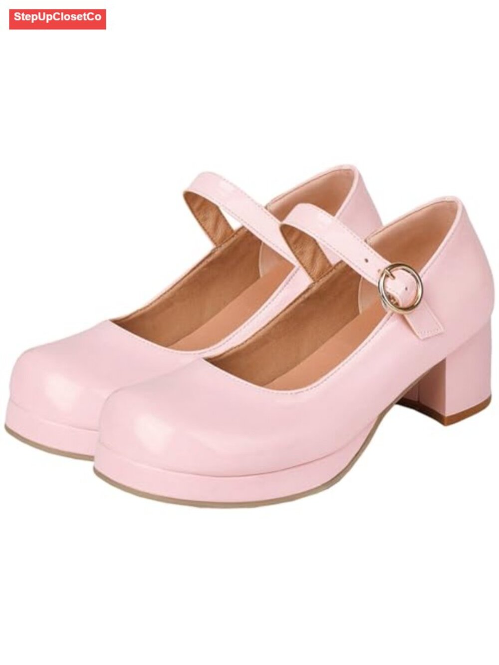 Patent Leather Mary Janes Block Heel Platform Pumps Ankle Strap Buckle Closed